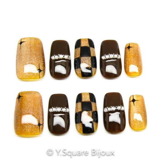 < Cognac > Y.Square Faux Ongles Fait Main Réutilisables
