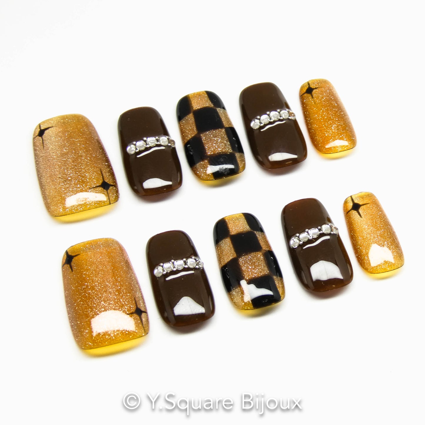 < Cognac > Y.Square Faux Ongles Fait Main Réutilisables