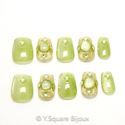 < Jade >Y.Square Faux Ongles Fait Main Réutilisables