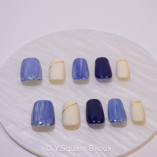 < Palette Bleue >Y.Square Faux Ongles Fait Main Réutilisables