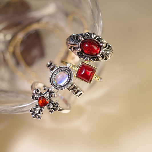 Gothic Crimson & Silver Vintage Ring 4-Piece Set