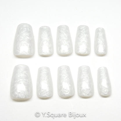 < Blanc nacré - L >Y.Square Faux Ongles Fait Main Réutilisables