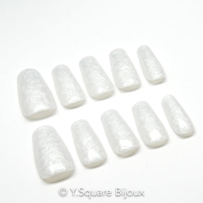< Blanc nacré - L >Y.Square Faux Ongles Fait Main Réutilisables