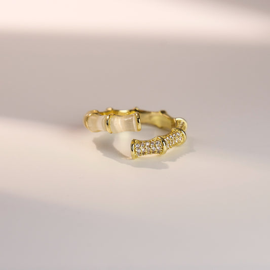 Bague Ouverte Moderne en Bambou avec Zircon et Argent Sterling