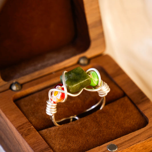 Bague Ouverte Fait Main avec Perles en Pierre Naturelle