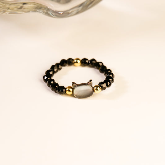 Bague Œil de Chat en Cristal Noir Ultra-Fin 14K Fait Main