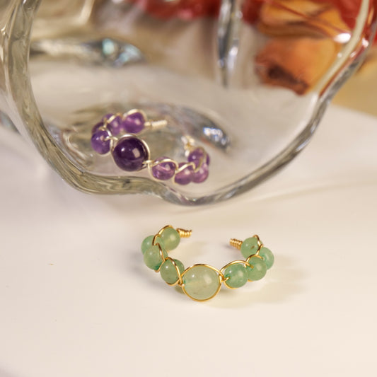 Bague Ouverte Ajustable Fait Main avec Perles en Cristal, Améthyste et Quartz Vert