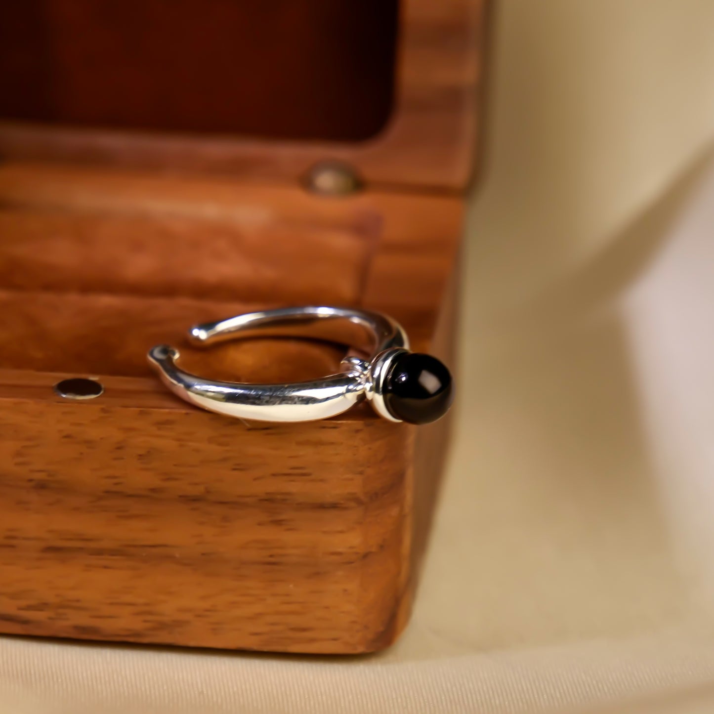 Adjustable Midnight Black Dot Silver Ring