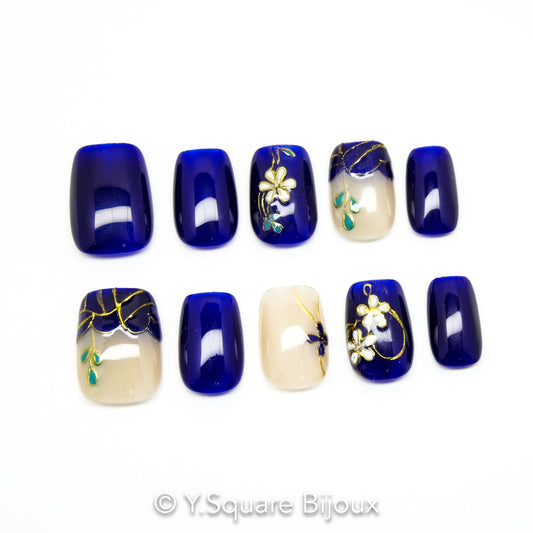 < Cloisonné Bleu > Y.Square Faux Ongles Fait Main Réutilisables