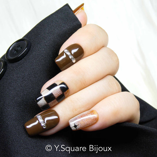 < Cognac > Y.Square Faux Ongles Fait Main Réutilisables