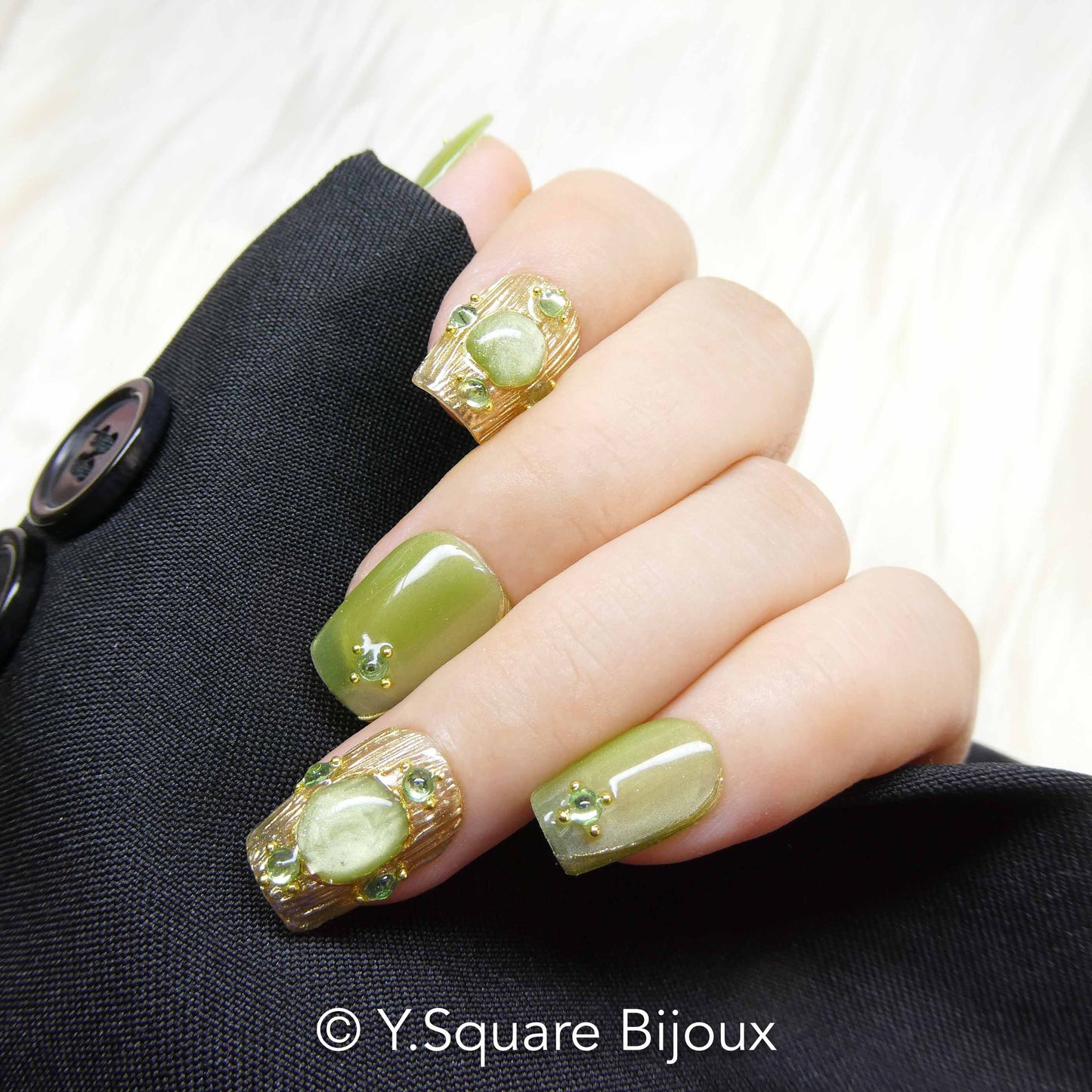 < Jade >Y.Square Faux Ongles Fait Main Réutilisables