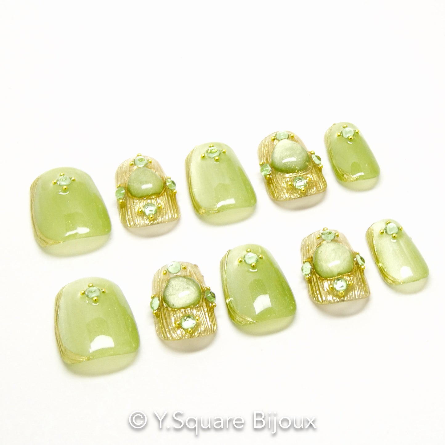 < Jade >Y.Square Faux Ongles Fait Main Réutilisables