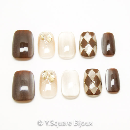 < Amber Latte >Y.Square Faux Ongles Fait Main Réutilisables